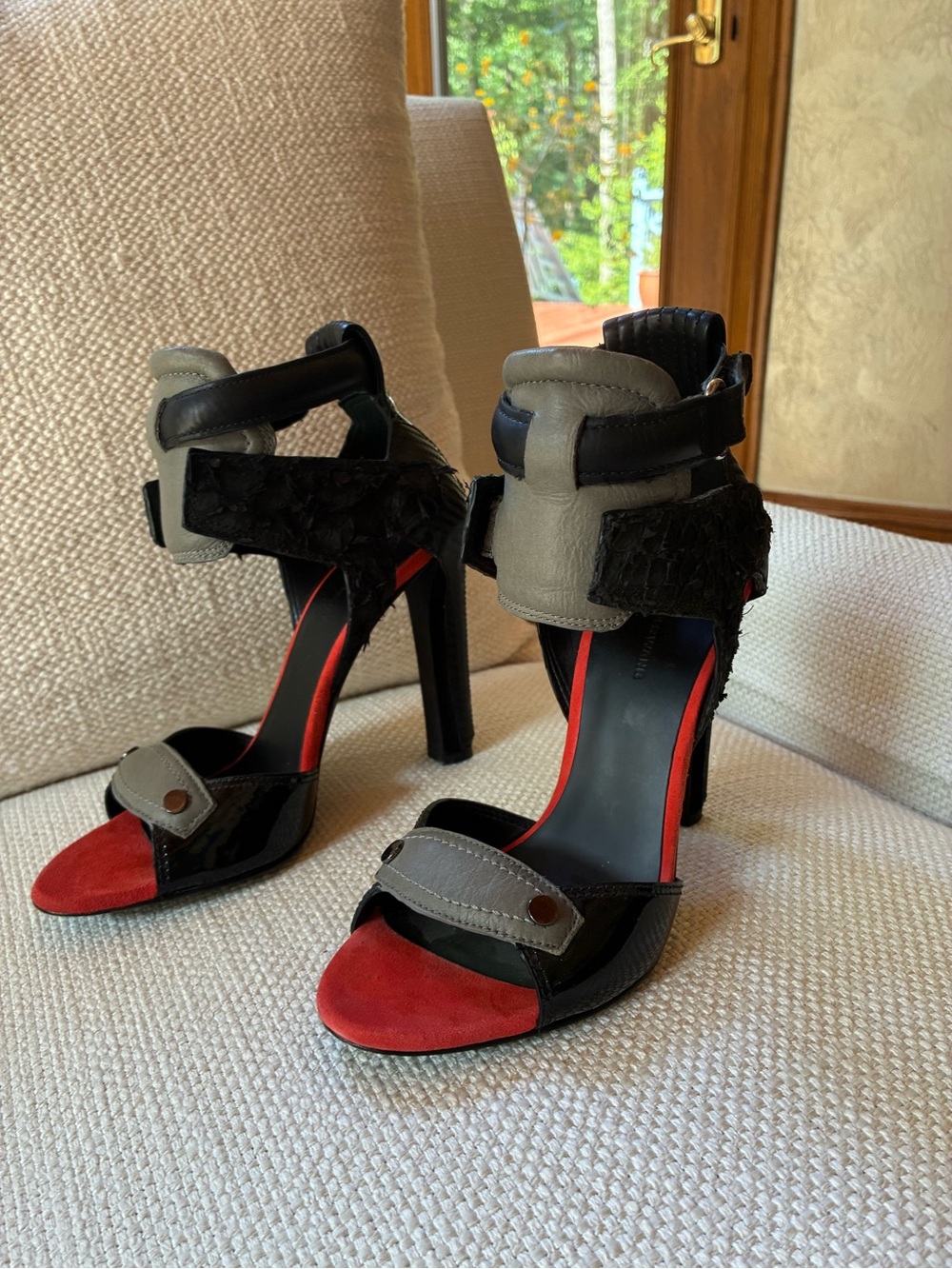 Alexander Wang Black, Red & Gray Strappy High Heel Sandals